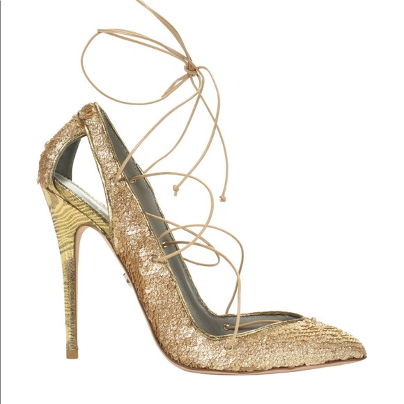 Gold Sequin lace up pump - Picture 3 of 8
